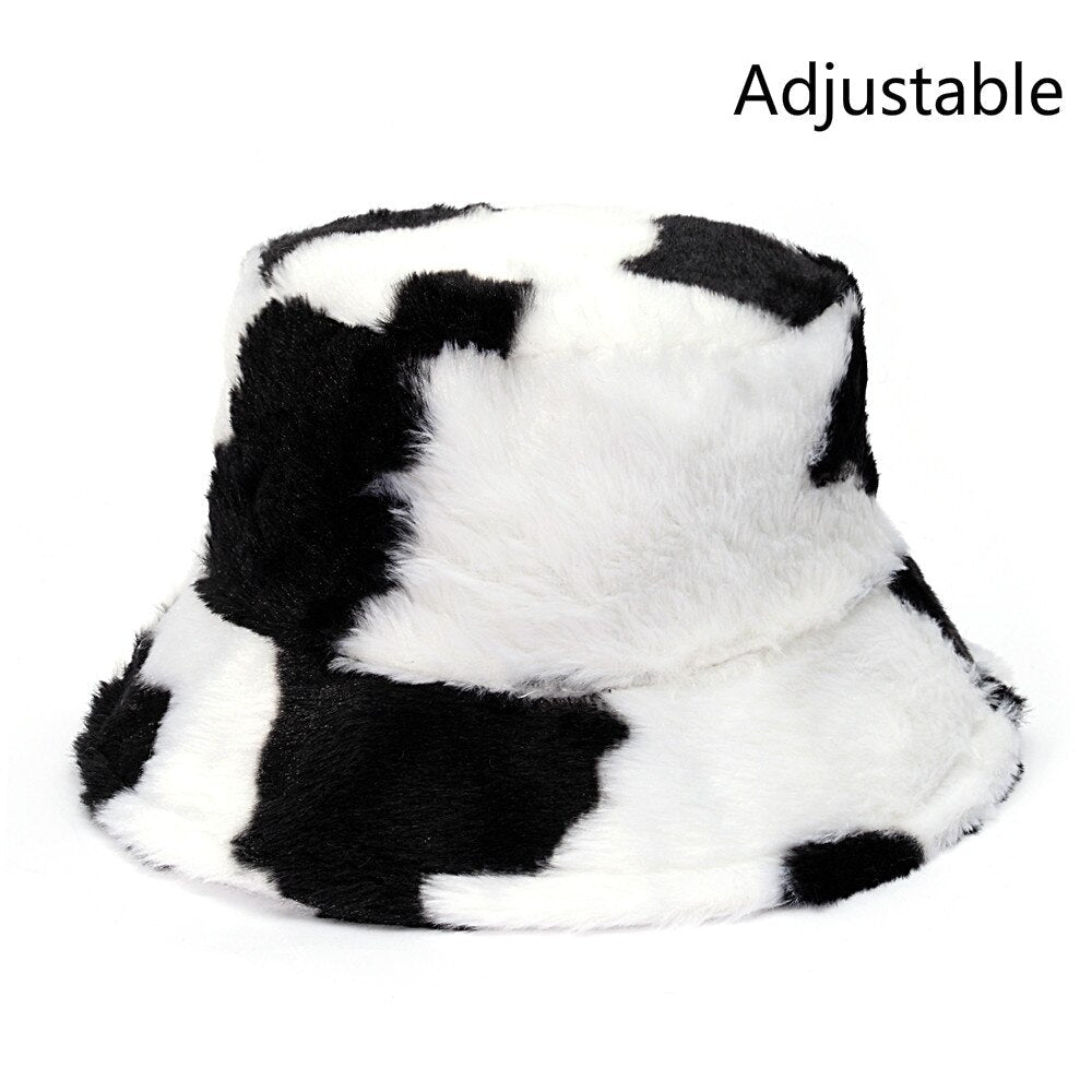 Winter Cow Leopard Faux Fur Fluffy Bucket Hats Women Outdoor Warm Sun Hat Soft Velvet Furry Fisherman Cap Girl Fashion Panama Elk-Valley 3D