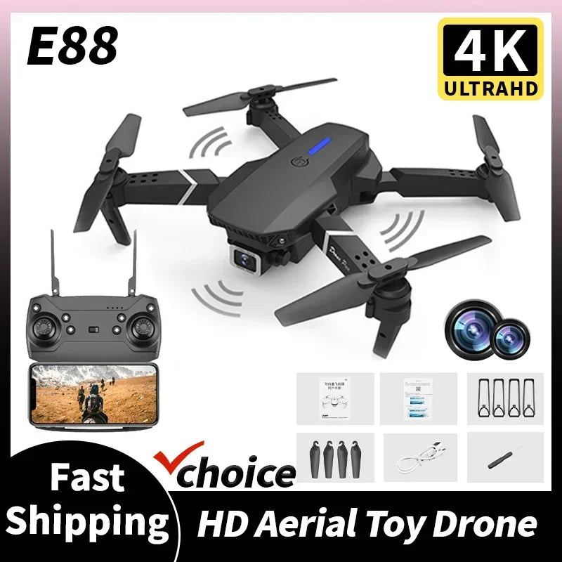 New E88 Pro RC Drone 4K 1080P Wide Angle Dual HD Camera Foldable Quadcopter WiFi FPV Altitude Hold Elk-Valley 3D
