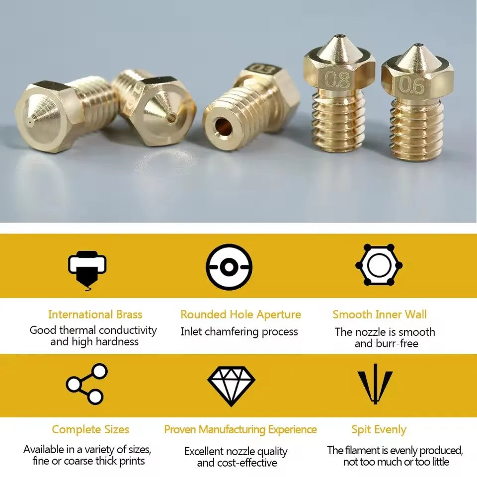 10Pcs V6 Nozzles kit for E3D V5 V6 Hotend, V6 Nozzle 0.2/0.3/0.4/0.6mm For ANYCUBIC I3 Mega A8 Prusa I3 MK3/MK3S 3D Printer Elk-Valley 3D