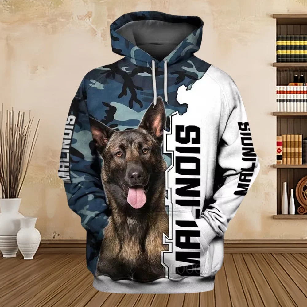 2024 New Hoodies 3D Graphic Silver Ribbon Hoodies Animals Dog Belgian Malinois Sweatshirts Casual Harajuku Sportswear Clothing Elk-Valley 3D