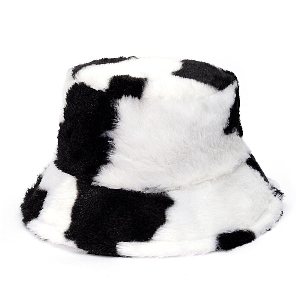 Winter Cow Leopard Faux Fur Fluffy Bucket Hats Women Outdoor Warm Sun Hat Soft Velvet Furry Fisherman Cap Girl Fashion Panama Elk-Valley 3D