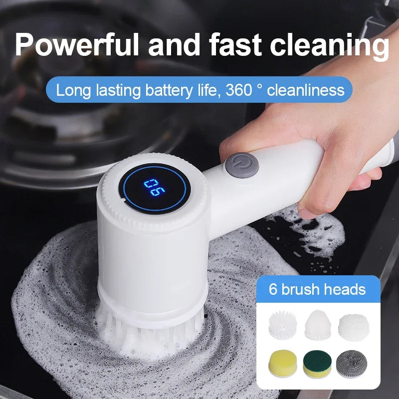 Electric Spin Scrubber, 6 Replacement Brush Heads, 360° Rotation, One-Button Start, Type-C Charging for Kitchen, Bathroom, Car Elk-Valley 3D
