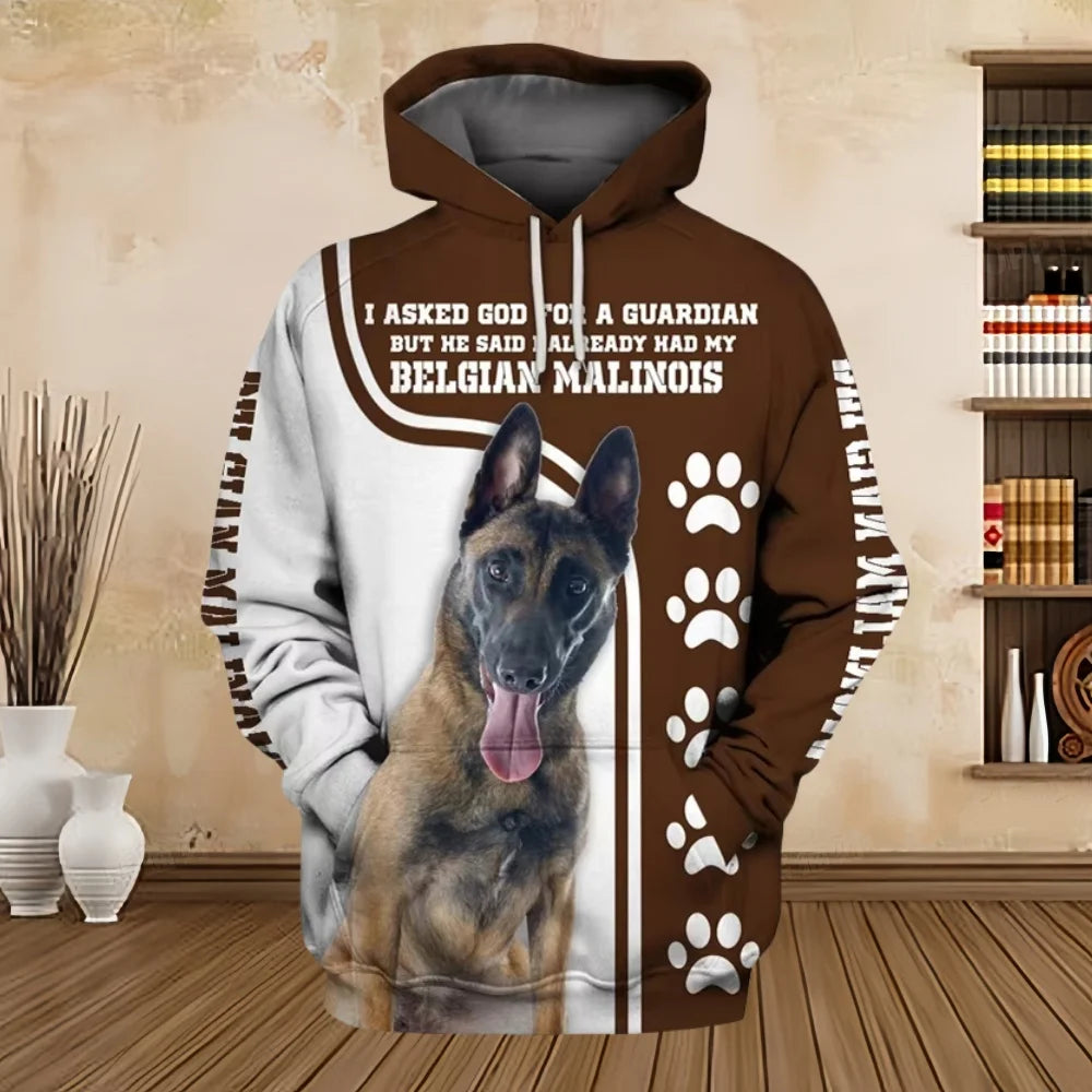 2024 New Hoodies 3D Graphic Silver Ribbon Hoodies Animals Dog Belgian Malinois Sweatshirts Casual Harajuku Sportswear Clothing Elk-Valley 3D