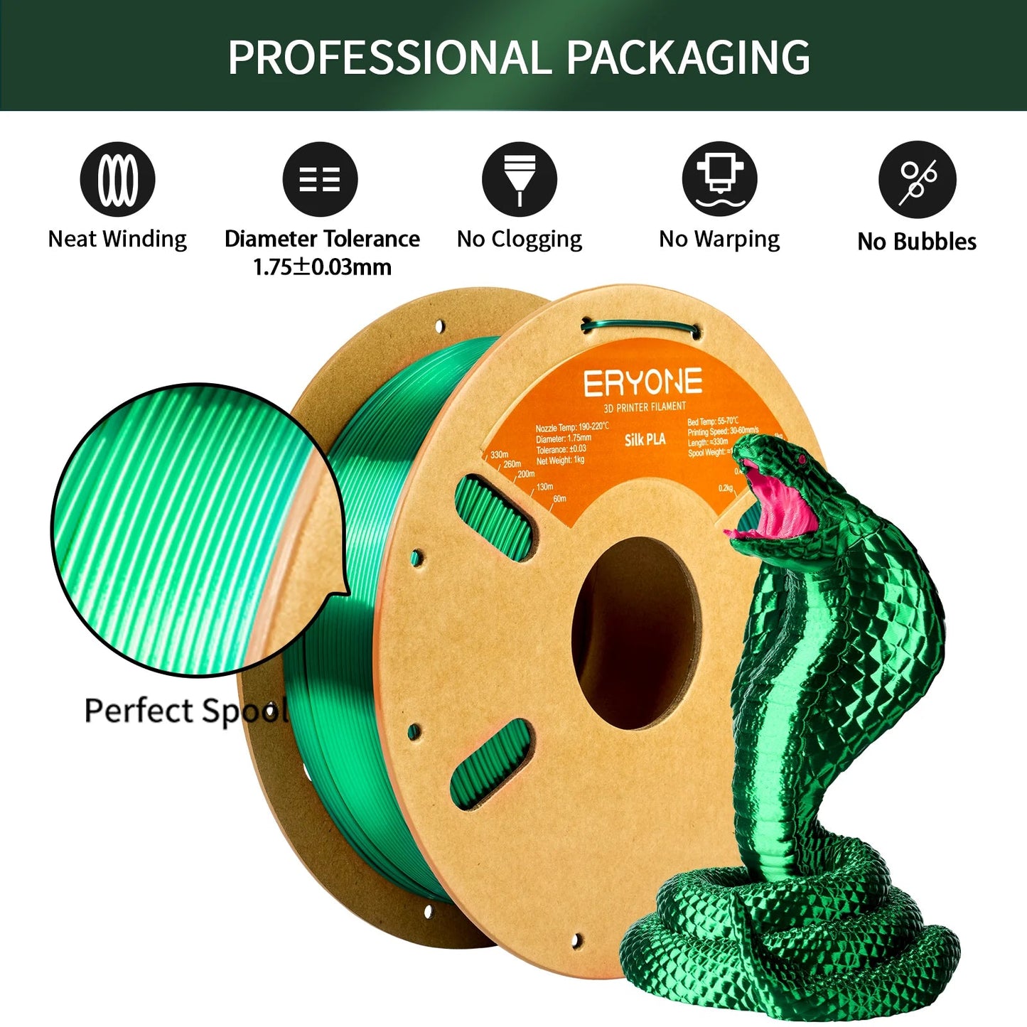 ERYONE 1KG Silk PLA 3D Printer Filament 1.75mm, Premium Silk Shiny Finish Single Color, Glossy Smooth Surface 1kg Spool Elk-Valley 3D