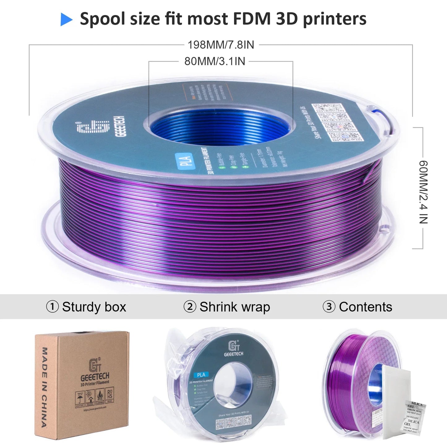 Geeetech Tri Color Silk PLA Filament , 3D Filament 1,75 mm 1KG Spool Wire  (+/-0.03mm) Vacuum packaging, special color Elk-Valley 3D