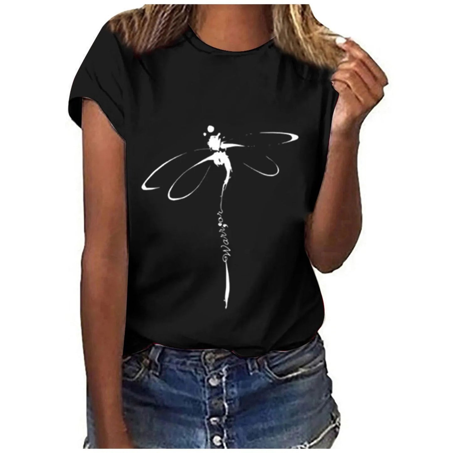 Tops Dragonfly Printed Original Collar Casual Base Shirt Short-sleeved Women's T-shirt Oversized T Shirt Clothes Tees Elk-Valley 3D