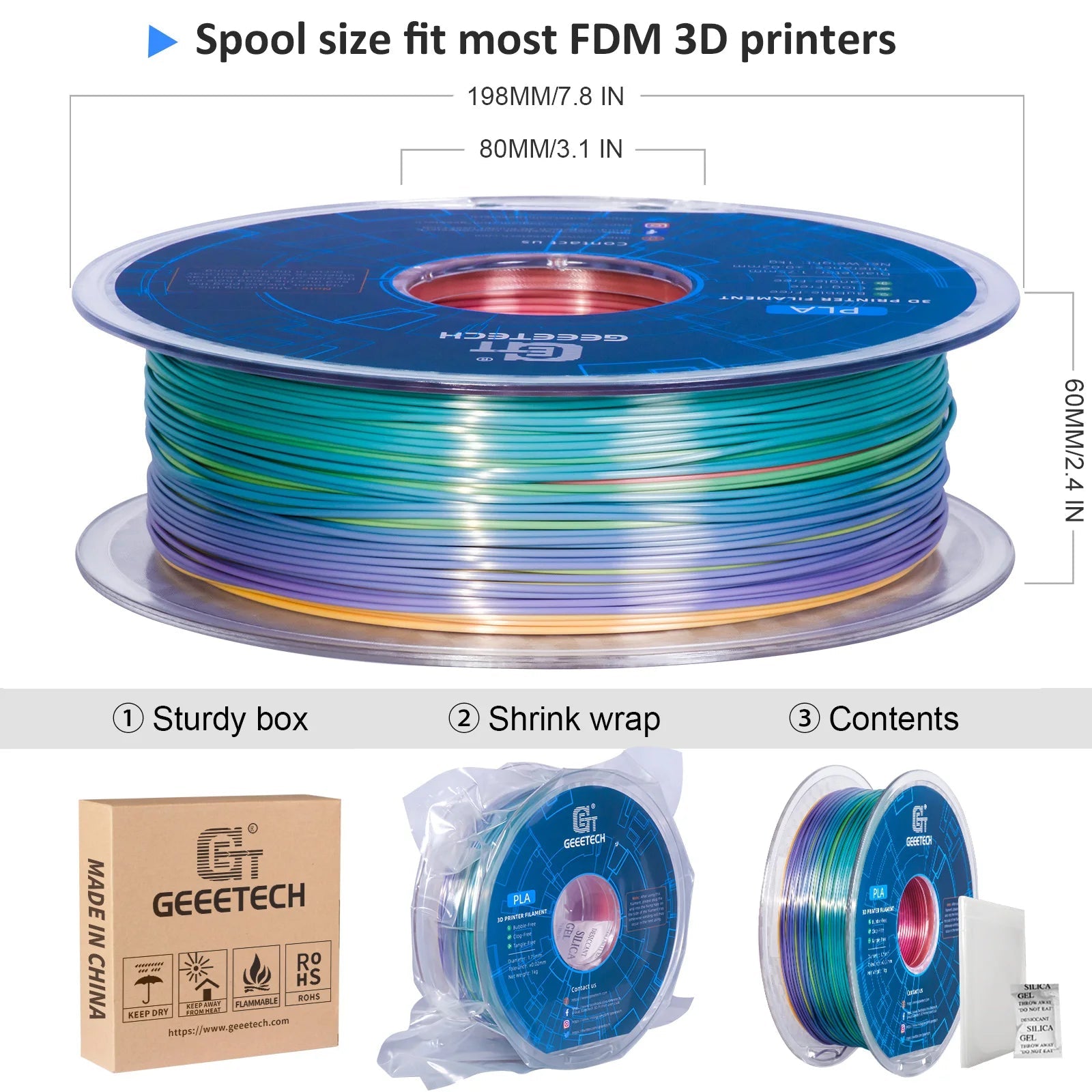 GEEETECH 5Rolls 3D Silk PLA Filament 1Kg/roll 1.75mm Spool Wire For 3D Printer Material,Vacuum packaging,Safety Elk-Valley 3D