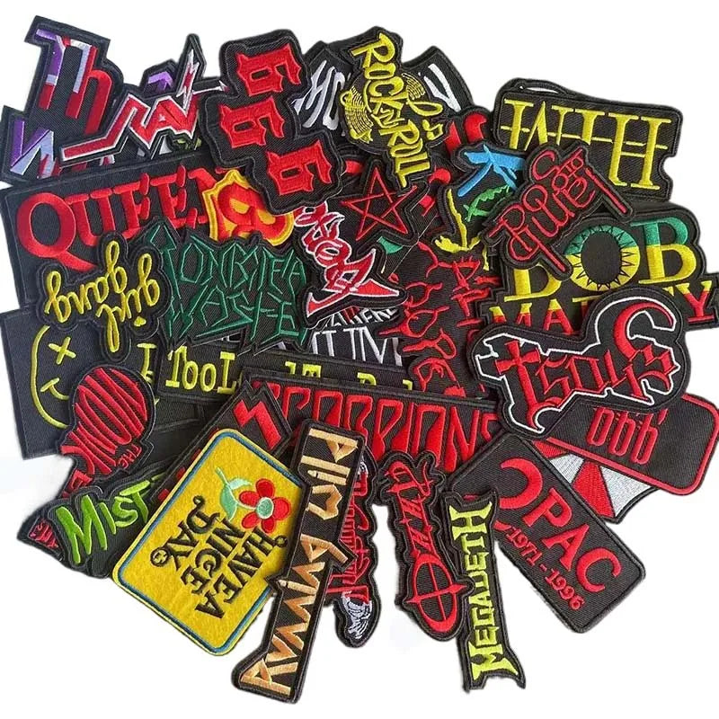 5PCS/ Text Clothing Stickers Fabric Applique Embroidery Iron On Patches,Punk Rock Music Band Badges Clothes Striped Sewing Patch Elk-Valley 3D