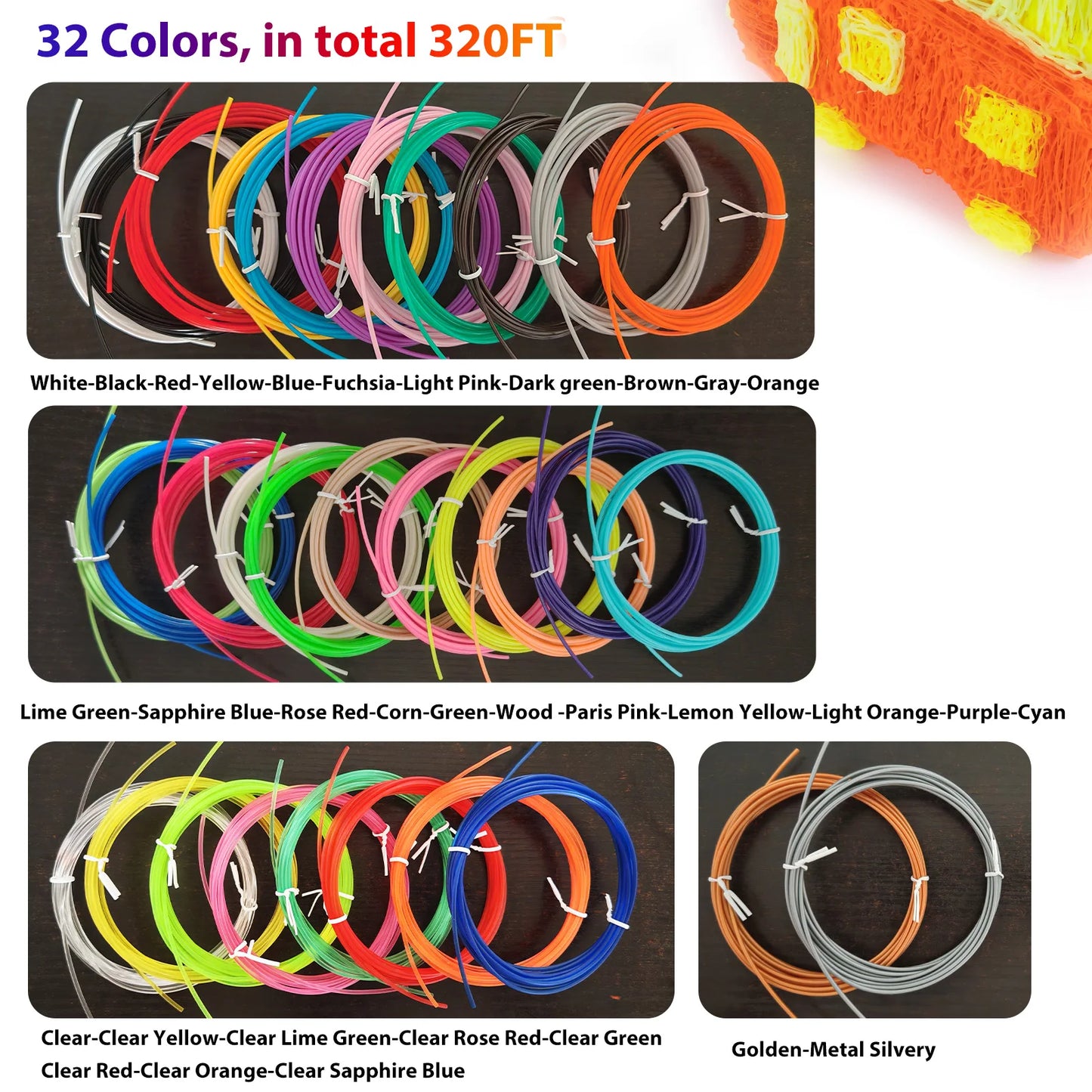 32 Colors 3D Pen Filament 1.75mm PLA, Each Color 10Feet(3m), Total 320 Feet (96m) 3D Pen Filament Refills, Random Color