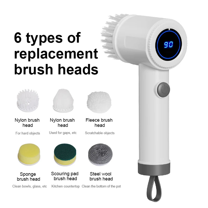 Electric Spin Scrubber, 6 Replacement Brush Heads, 360° Rotation, One-Button Start, Type-C Charging for Kitchen, Bathroom, Car Elk-Valley 3D