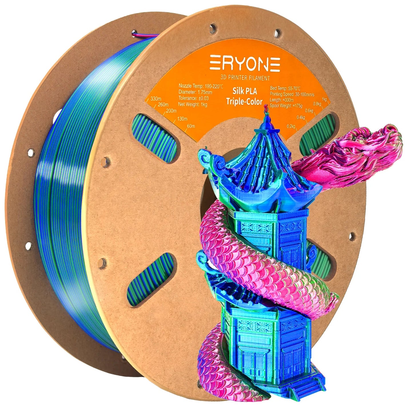 ERYONE 1KG Silk Triple Color Series PLA 3D Printer Filament 1.75mm, Tri-Color Coextrusion Silky Shiny Finish, 1kg Spool Elk-Valley 3D