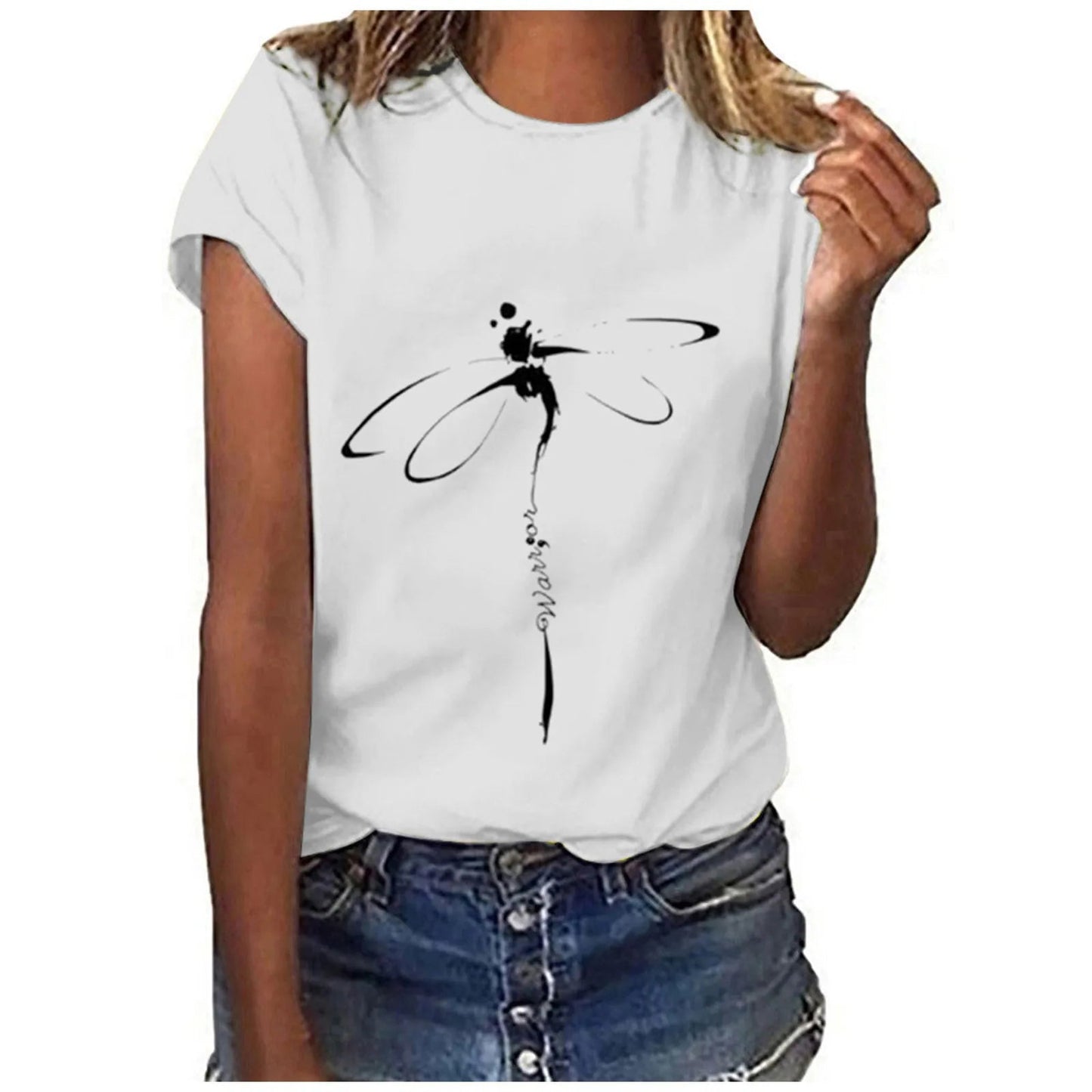 Tops Dragonfly Printed Original Collar Casual Base Shirt Short-sleeved Women's T-shirt Oversized T Shirt Clothes Tees Elk-Valley 3D