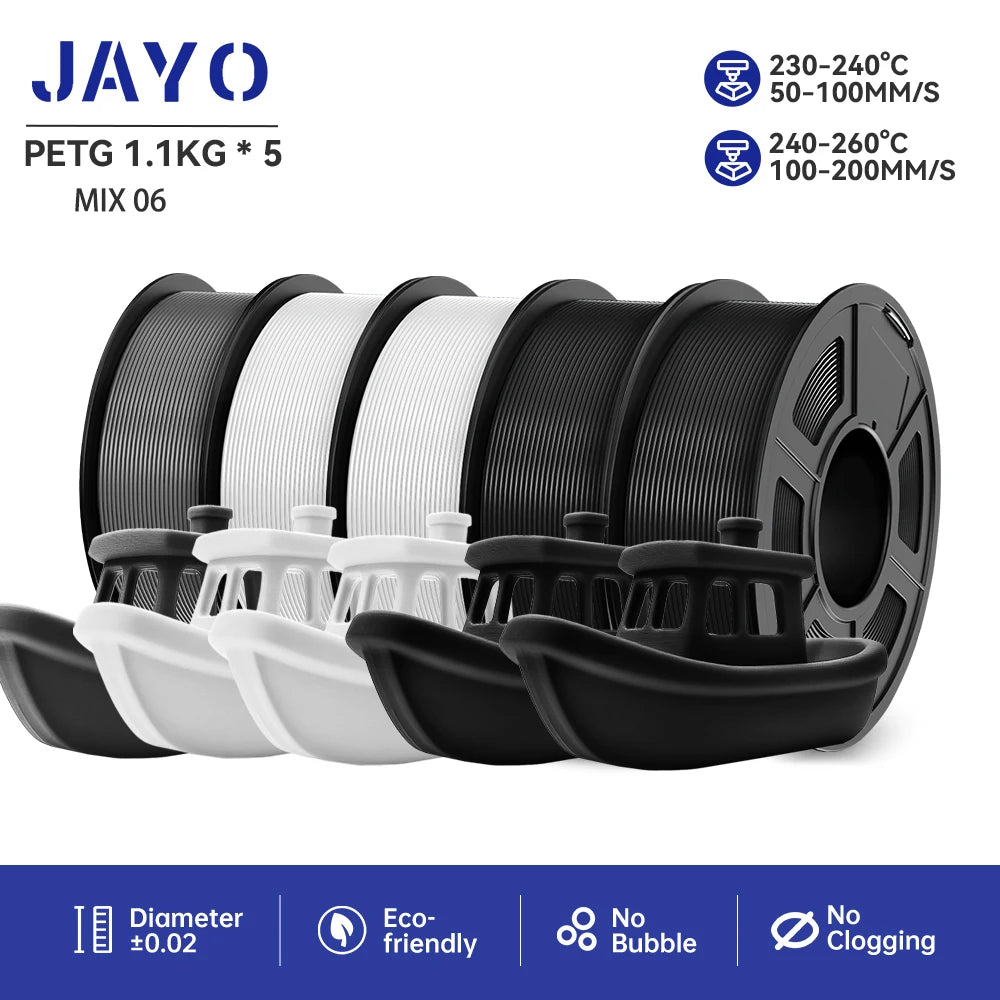 JAYO petg 3d printer filaments PETG 5Rolls 1.75mm Mixed Color Bubble Free FDM 3D Printer Material for 3d pen refill 1.1kg/1rolls Elk-Valley 3D