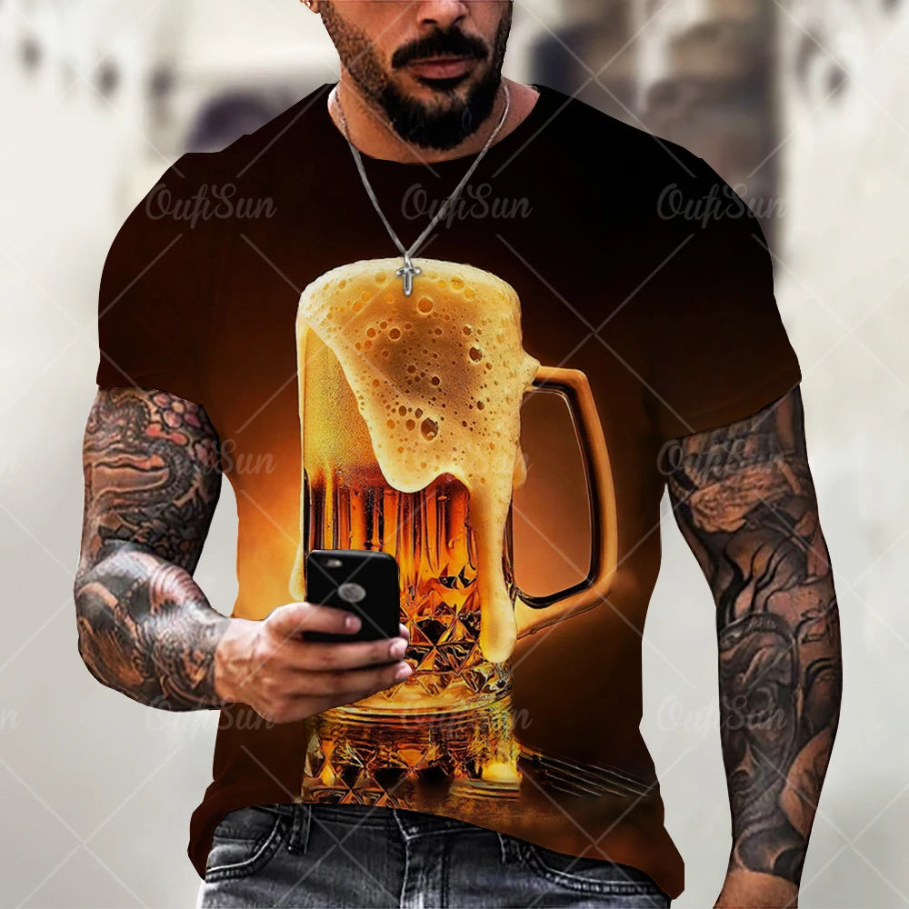 Beer 3D Print Men's T-Shirts Summer Polyester O-Neck Breathable Short Sleeve Loose Tops Tees Oversized T Shirt Men Clothing Elk-Valley 3D