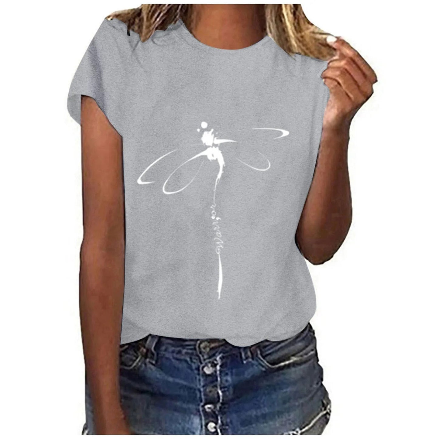 Tops Dragonfly Printed Original Collar Casual Base Shirt Short-sleeved Women's T-shirt Oversized T Shirt Clothes Tees Elk-Valley 3D