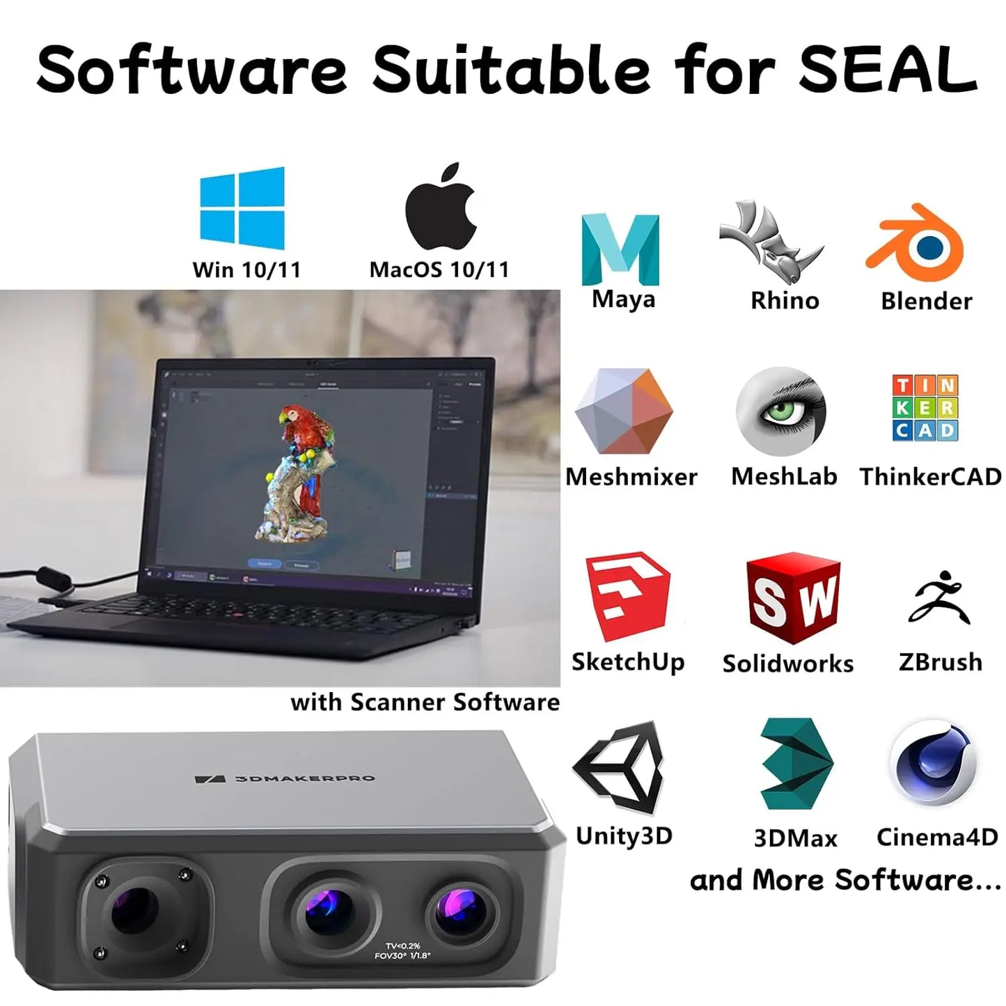 Seal Lite 3D Scanner for 3D Printing -3D Printer Accessories Handheld Scan 0.02mm Accuracy,NIR Light & Anti-Shake Optical Lenses