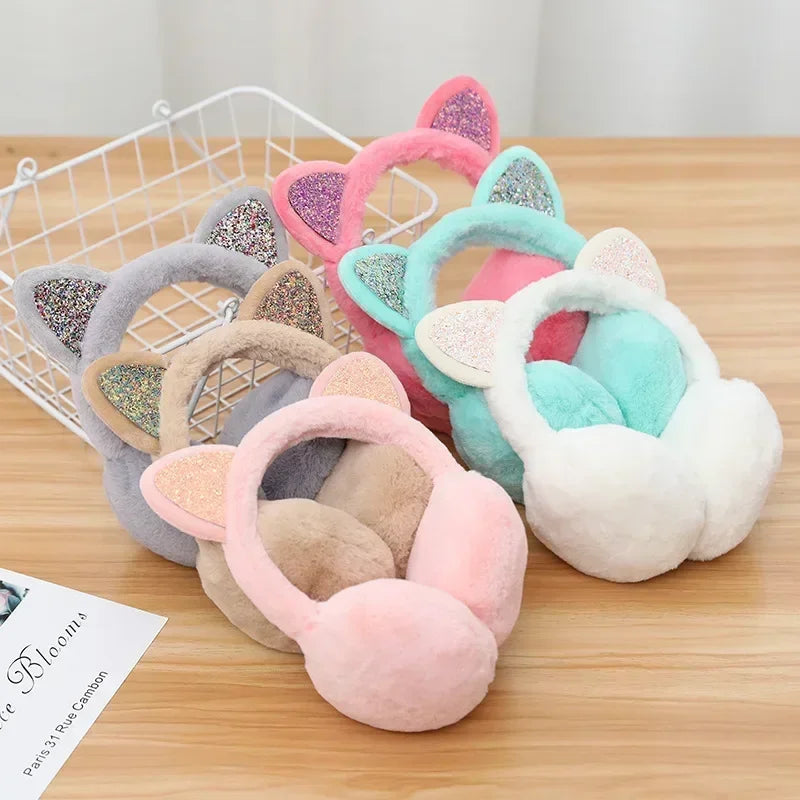 Winter Warm Cat Ear Warmers Glitter Ears Plush Earmuffs for Women Playful Girls Ear Muffs Cold Protection Warm Hot Elk-Valley 3D