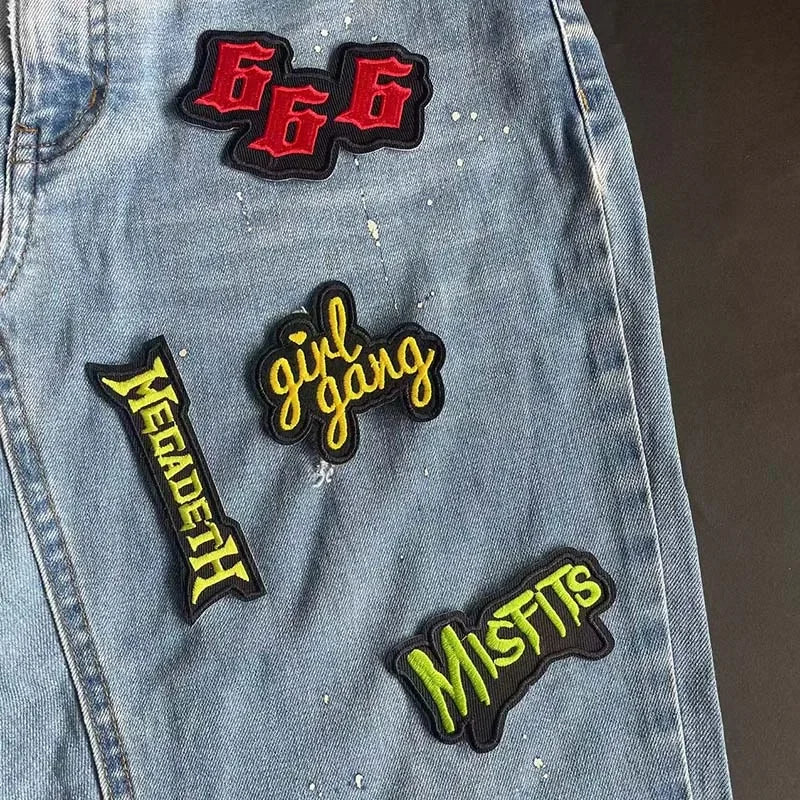 5PCS/ Text Clothing Stickers Fabric Applique Embroidery Iron On Patches,Punk Rock Music Band Badges Clothes Striped Sewing Patch Elk-Valley 3D