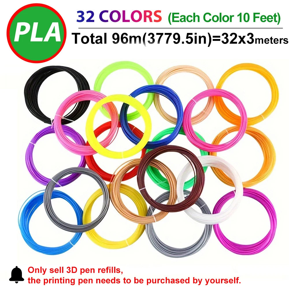 32 Colors 3D Pen Filament 1.75mm PLA, Each Color 10Feet(3m), Total 320 Feet (96m) 3D Pen Filament Refills, Random Color