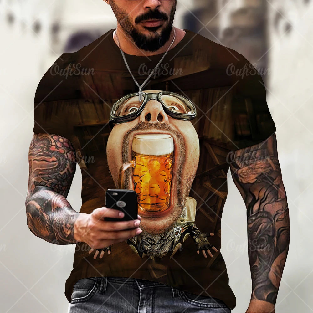 Beer 3D Print Men's T-Shirts Summer Polyester O-Neck Breathable Short Sleeve Loose Tops Tees Oversized T Shirt Men Clothing Elk-Valley 3D