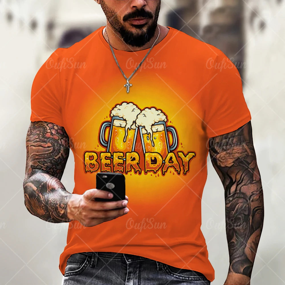 Beer 3D Print Men's T-Shirts Summer Polyester O-Neck Breathable Short Sleeve Loose Tops Tees Oversized T Shirt Men Clothing Elk-Valley 3D