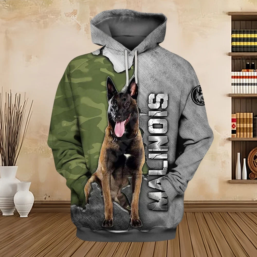 2024 New Hoodies 3D Graphic Silver Ribbon Hoodies Animals Dog Belgian Malinois Sweatshirts Casual Harajuku Sportswear Clothing Elk-Valley 3D