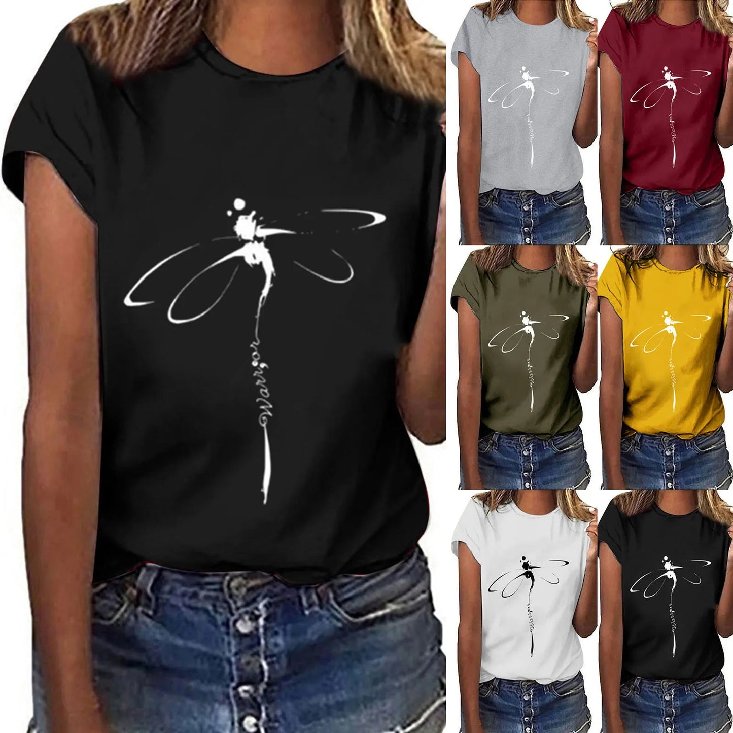 Tops Dragonfly Printed Original Collar Casual Base Shirt Short-sleeved Women's T-shirt Oversized T Shirt Clothes Tees Elk-Valley 3D