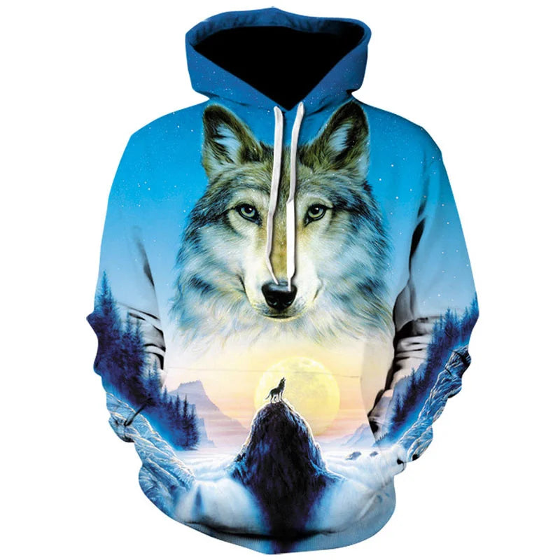 2023 Men's Oversized Hoodie 3D Wolf Animals Pattern Ferocious Warrior Fashion Sweatshirt Loose Street Funny Tracksuits Fitness Elk-Valley 3D