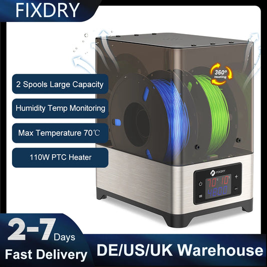 FIXDRY NT1 3D Printer Filament Dryer Box 2 Rolls 3Kg Filament Holder 360° Hot-air Heating 45℃-70℃ Real-time Humidity Monitoring
