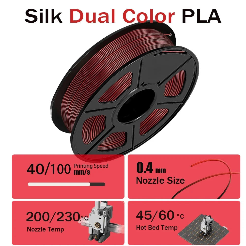 200G Dual Color Filament Silk PLA 1.75mm FDM 3D Printer Plastic Material Shiny Filament PLA Multicolor Black Red Blue Gold Elk-Valley 3D