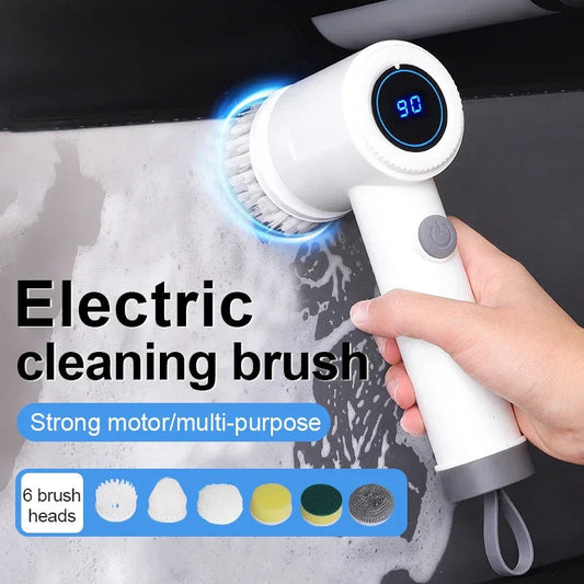 Electric Spin Scrubber, 6 Replacement Brush Heads, 360° Rotation, One-Button Start, Type-C Charging for Kitchen, Bathroom, Car Elk-Valley 3D