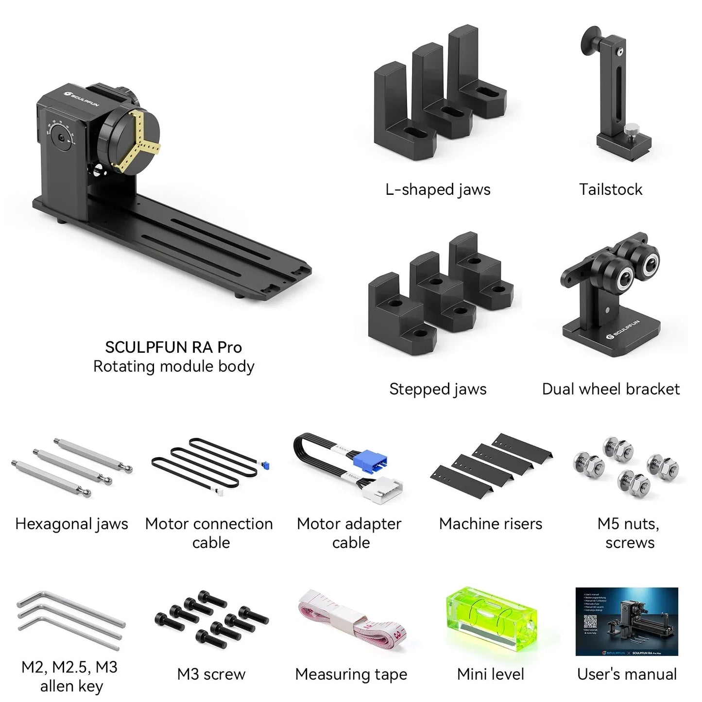 SCULPFUN RA Pro Max 4 in 1 Rotary Chuck for Laser Engraver Y-axis Multi-Function Rotary Roller Engraving Module with 180° Adjust Elk-Valley 3D