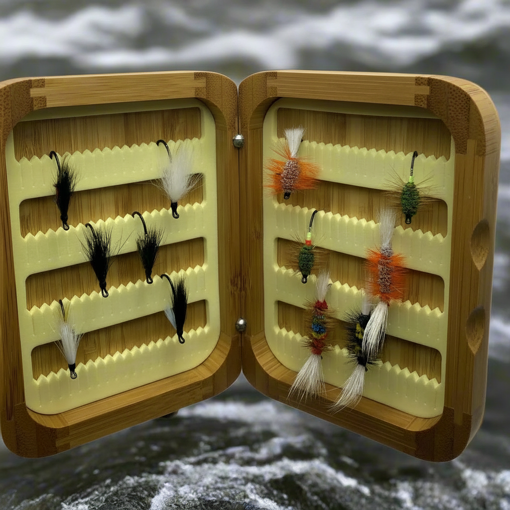 Fly Fishing Kit, Atlantic Salmon Flies, Mixed Wet Flies and Bugs & Bombers, with Bamboo Flybox Dc Tackle & Outdoor Supply