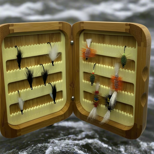 Fly Fishing Kit, Atlantic Salmon Flies, Mixed Wet Flies and Bugs & Bombers, with Bamboo Flybox Dc Tackle & Outdoor Supply