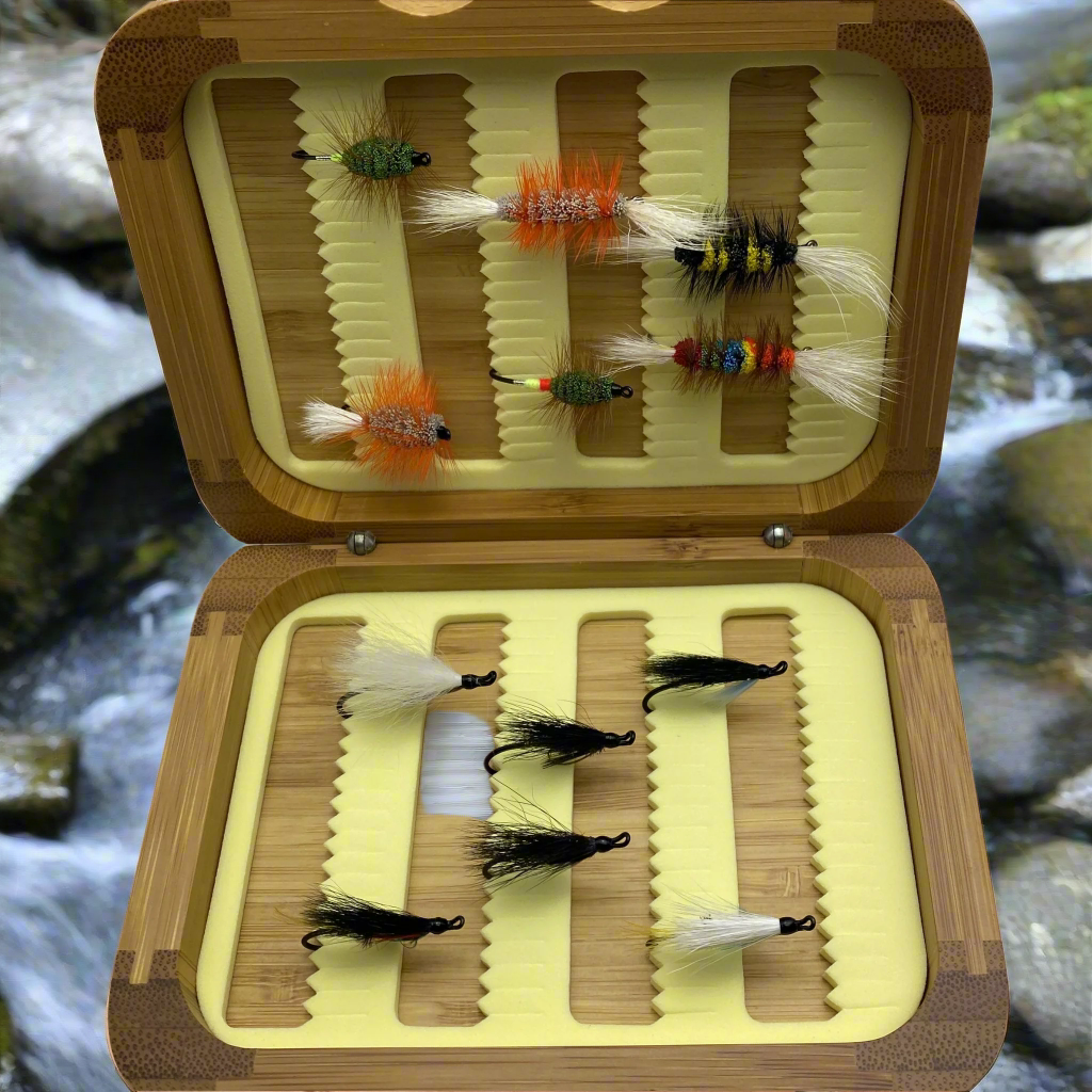 Fly Fishing Kit, Atlantic Salmon Flies, Mixed Wet Flies and Bugs & Bombers, with Bamboo Flybox Dc Tackle & Outdoor Supply