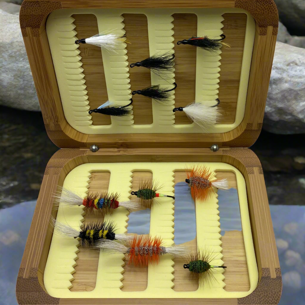 Fly Fishing Kit, Atlantic Salmon Flies, Mixed Wet Flies and Bugs & Bombers, with Bamboo Flybox Dc Tackle & Outdoor Supply