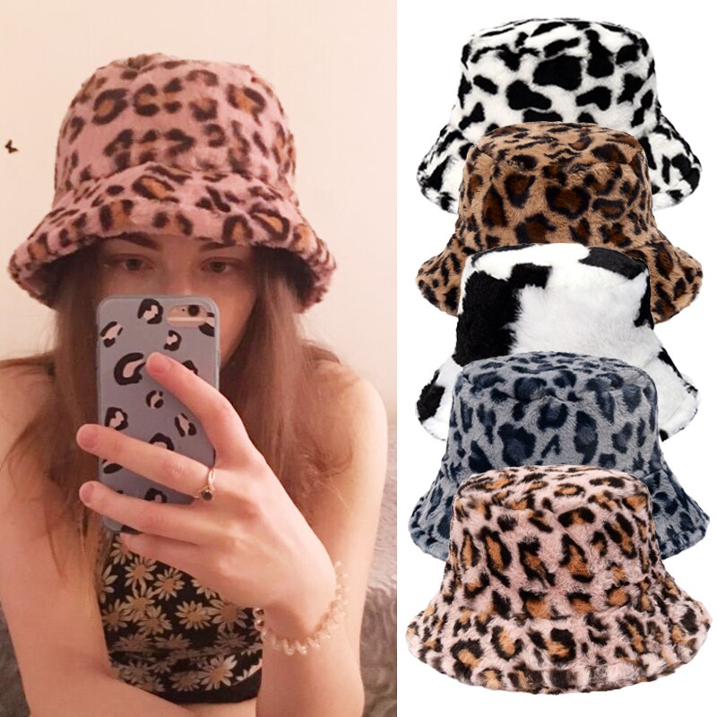 Winter Cow Leopard Faux Fur Fluffy Bucket Hats Women Outdoor Warm Sun Hat Soft Velvet Furry Fisherman Cap Girl Fashion Panama Elk-Valley 3D