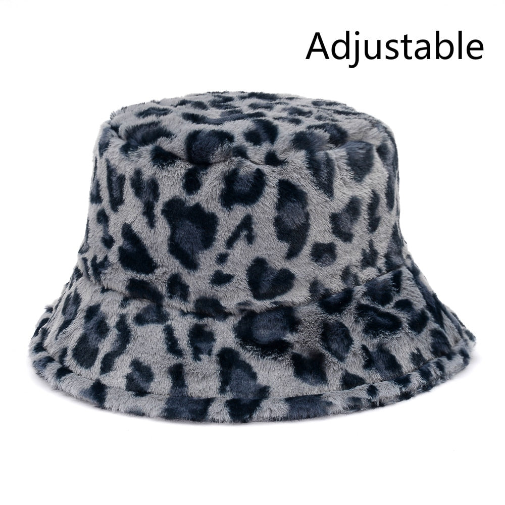 Winter Cow Leopard Faux Fur Fluffy Bucket Hats Women Outdoor Warm Sun Hat Soft Velvet Furry Fisherman Cap Girl Fashion Panama Elk-Valley 3D