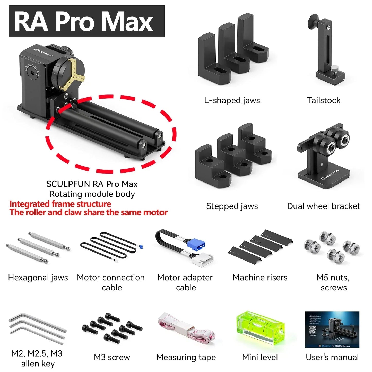 SCULPFUN RA Pro Max 4 in 1 Rotary Chuck for Laser Engraver Y-axis Multi-Function Rotary Roller Engraving Module with 180° Adjust Elk-Valley 3D