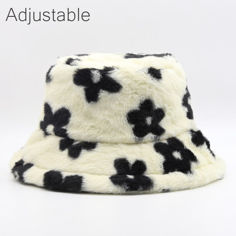Winter Cow Leopard Faux Fur Fluffy Bucket Hats Women Outdoor Warm Sun Hat Soft Velvet Furry Fisherman Cap Girl Fashion Panama Elk-Valley 3D