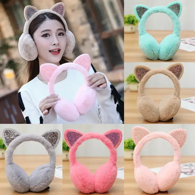 Winter Warm Cat Ear Warmers Glitter Ears Plush Earmuffs for Women Playful Girls Ear Muffs Cold Protection Warm Hot Elk-Valley 3D