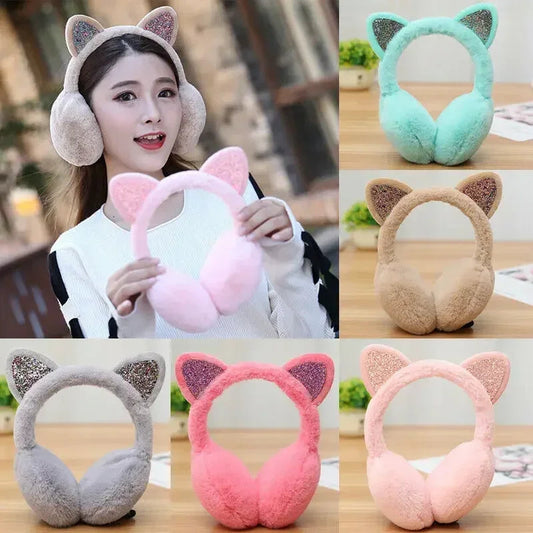 Winter Warm Cat Ear Warmers Glitter Ears Plush Earmuffs for Women Playful Girls Ear Muffs Cold Protection Warm Hot Elk-Valley 3D