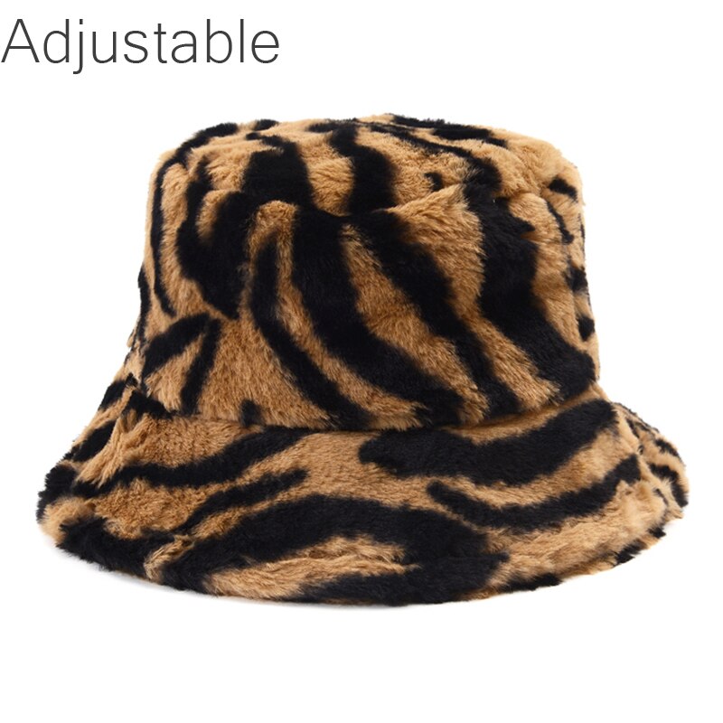 Winter Cow Leopard Faux Fur Fluffy Bucket Hats Women Outdoor Warm Sun Hat Soft Velvet Furry Fisherman Cap Girl Fashion Panama Elk-Valley 3D
