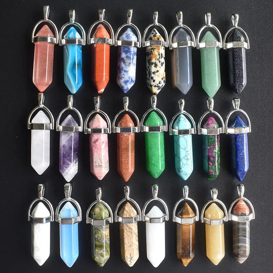 Wholesale 24pcs/lot Fashion quality assorted natural stone mixed pillar charms chakra Pendants & necklaces for making free Elk-Valley 3D