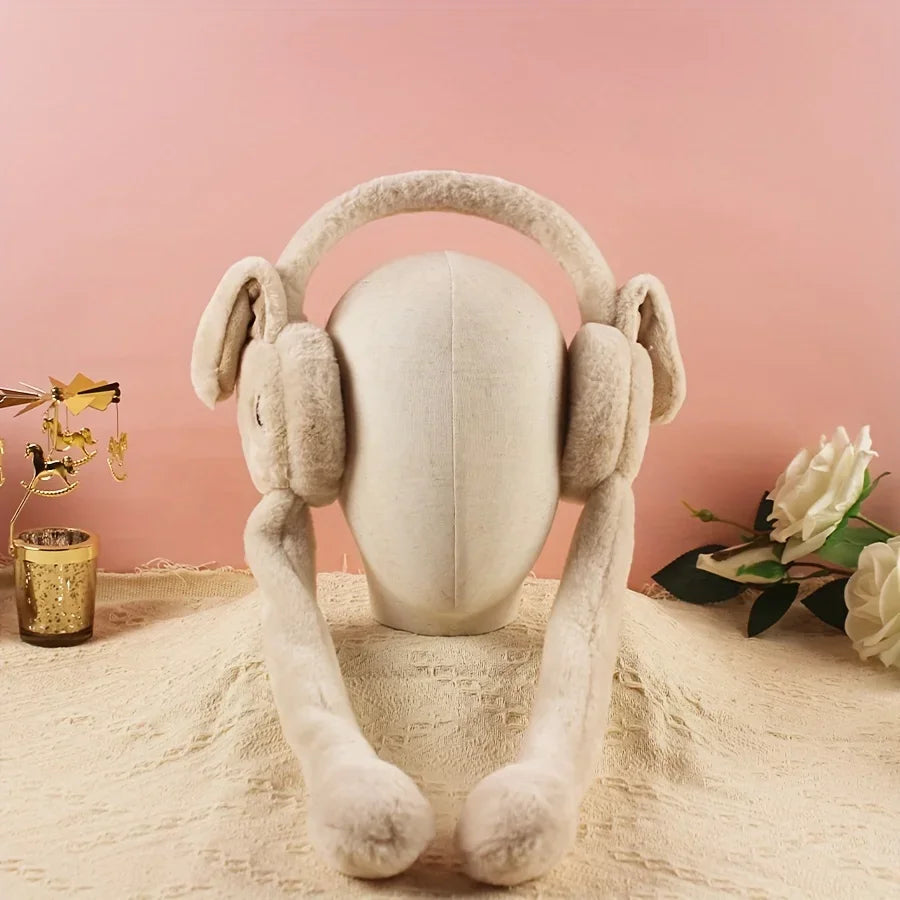 Cartoon Bunny Ear Warmers Plush Knitted Stretchable Polyester Ear Muffs Reusable Cozy Ear Covers for Winter Hand Wash Care Elk-Valley 3D