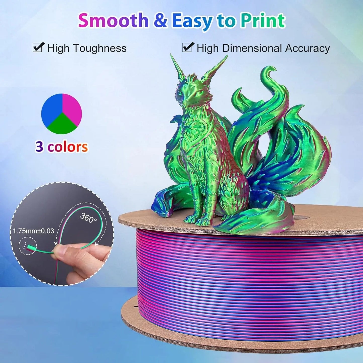 Tri-Color Silk PLA 3D Printer Filament 250g 1.75mm, 3color-in-1 Silk PLA Filament, Fit FDM Printers 3D Printing Filament Elk-Valley 3D