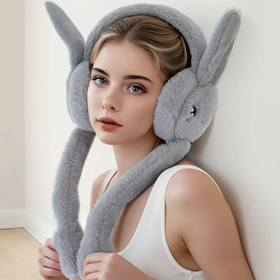 Cartoon Bunny Ear Warmers Plush Knitted Stretchable Polyester Ear Muffs Reusable Cozy Ear Covers for Winter Hand Wash Care Elk-Valley 3D