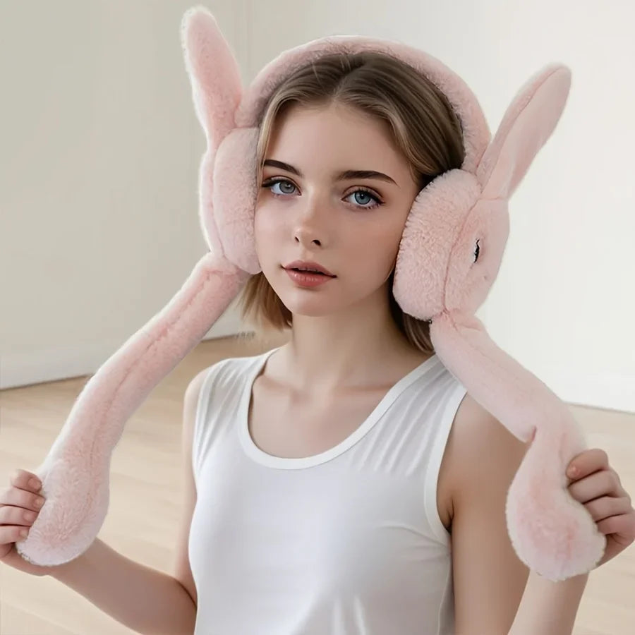Cartoon Bunny Ear Warmers Plush Knitted Stretchable Polyester Ear Muffs Reusable Cozy Ear Covers for Winter Hand Wash Care Elk-Valley 3D