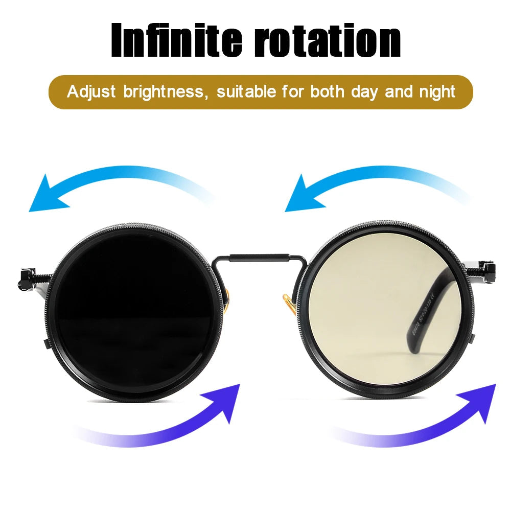 CRIXALIS 2Pcs Polarized Round ND9 Adjustable Dimming Sunglasses Men Women Punk Men's Driving  Eyeglasses Outdoor Shades UV400 Elk-Valley 3D