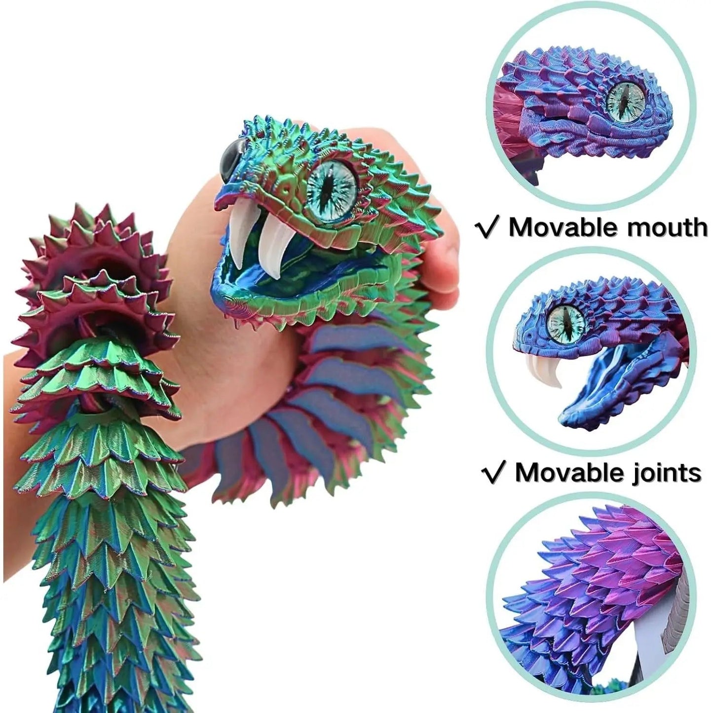 Oversized 35.5 Inch Magical Snake Model 3D Printed with Movable Teeth and Flexible Joints Surprising Stress Relief Gift Elk-Valley 3D